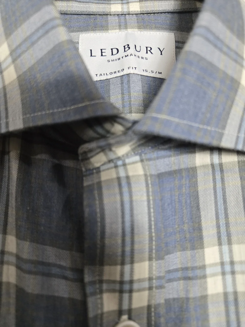 Ledbury Osmond Blue Plaid Button Down Shirt Spread Collar Cotton 15.5 Medium - Picture 8 of 10